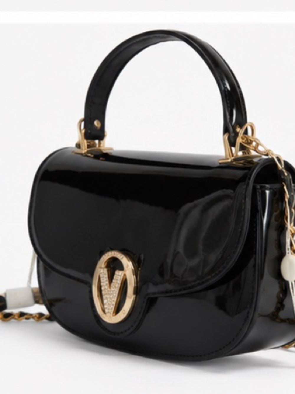 Valentino Orlandi Black Patent Mini Top-Handle Bag with Gold V Emblem - Picture 3 of 6